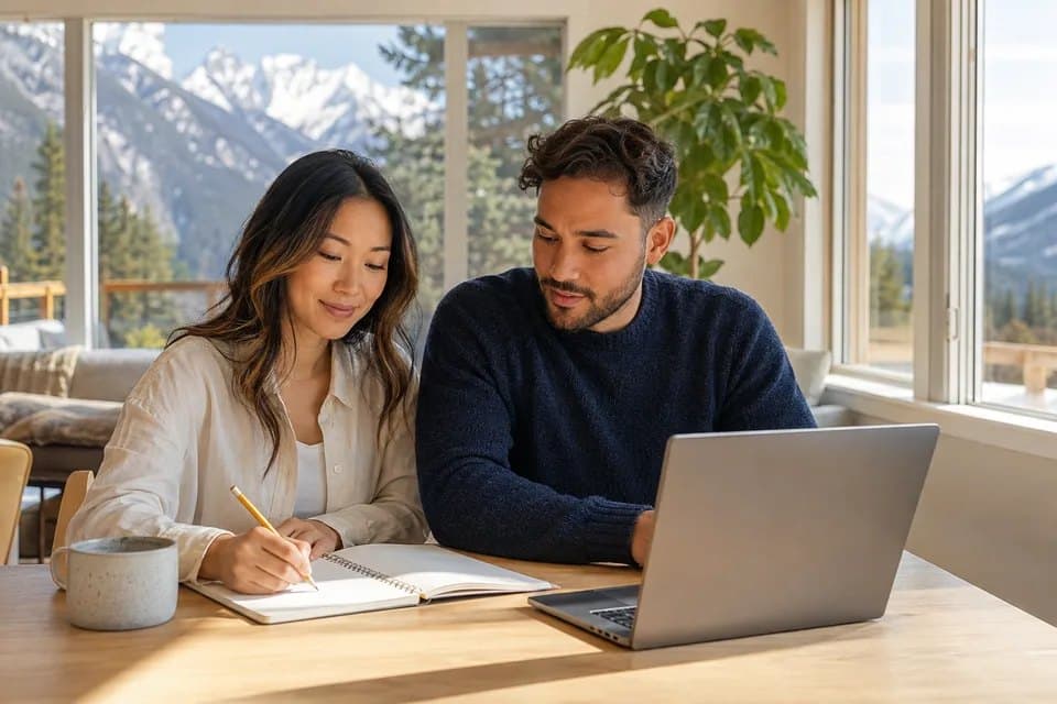 A couple planning their finances at a laptop, with snowy mountains in the background.
